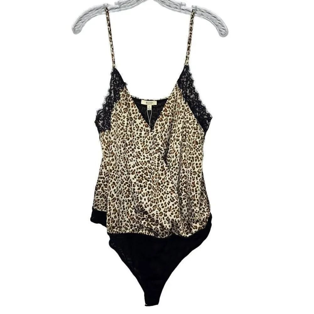 Kori America Leopard Print Satin Spaghetti Strap Bodysuit Size Large